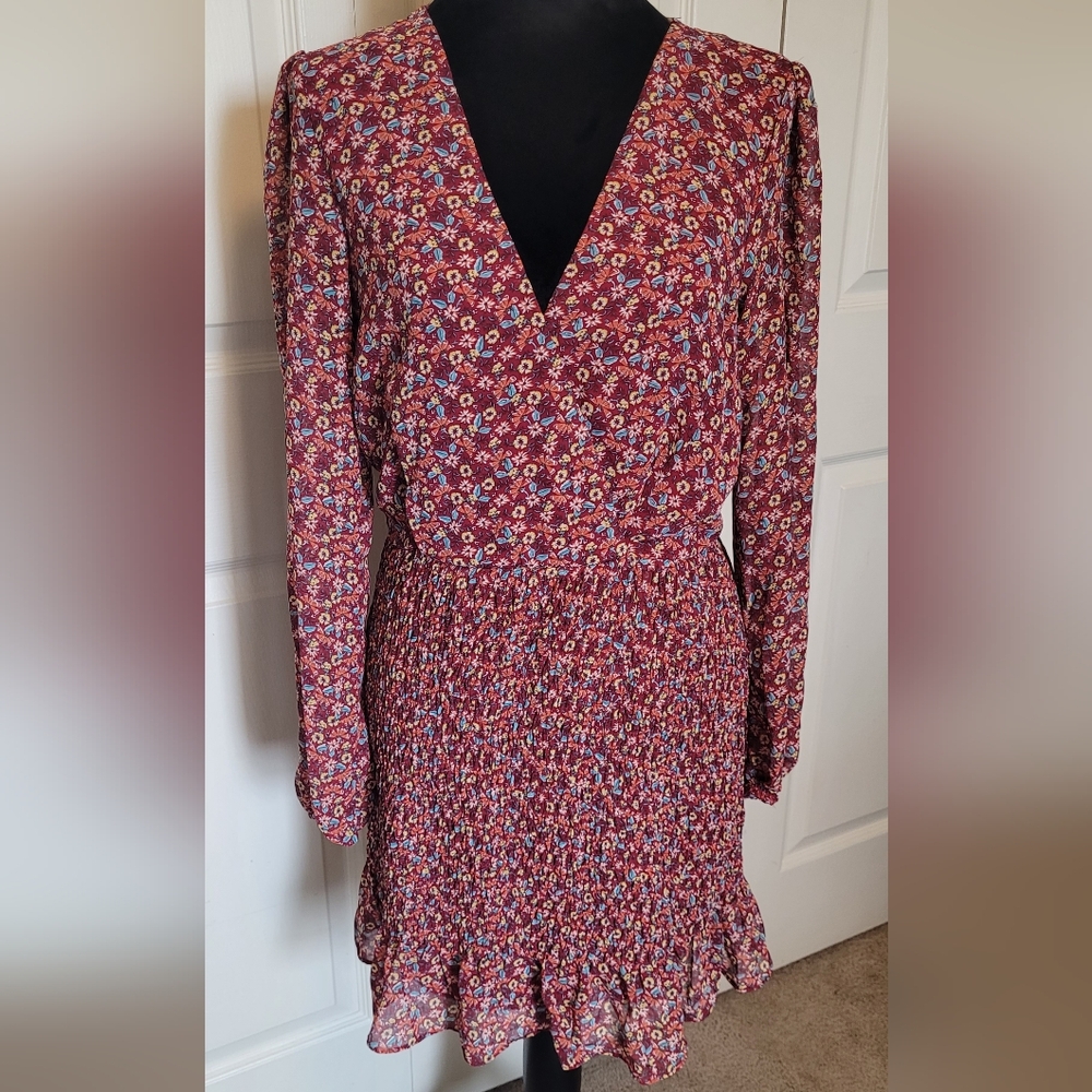 ROW ❤️A Brand Red Floral Long Sleeve Dress, Smocked Detail| Size L